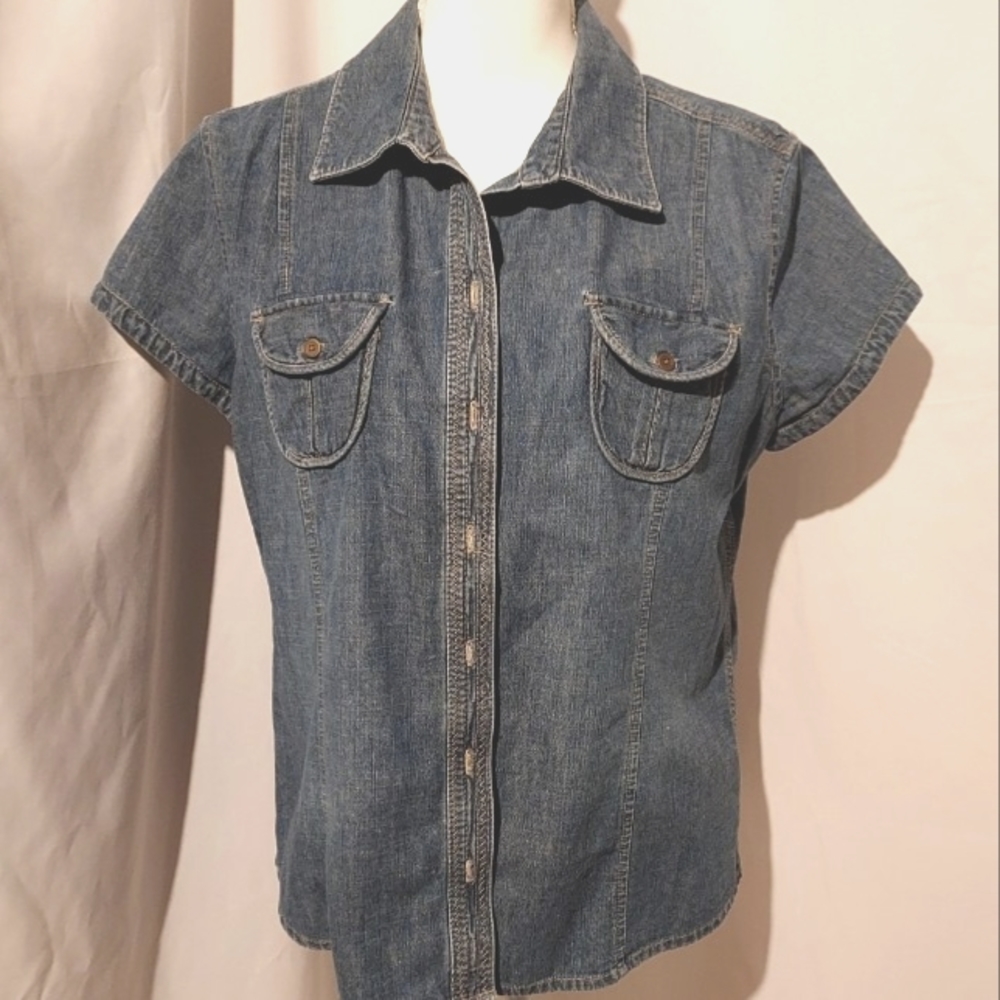 SONOMA DENIM Collared Button Up Front Short Sleeve Top Large
